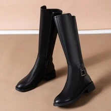 Knee-High Boots For Women, Thick Heel, Above Knee High, Leather, Round Toe, Side Zipper, Knight Style