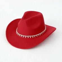 Sombrero Vaquero Con Decoración De Cristal Para Mujer, Color Sólido, 1 Pieza, Para Viajes, Equitación Y Fiestas - Rojo - Ver 1