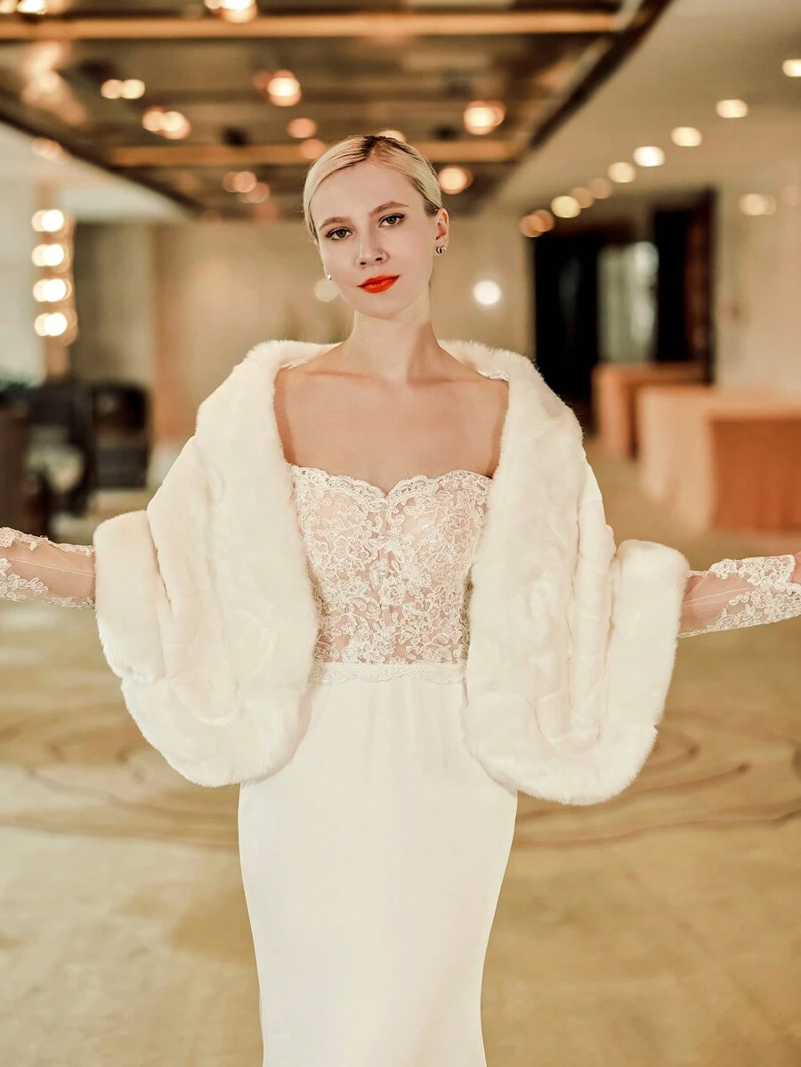 1pc White Fashionable Wedding Party Performance Warm Shawl For Brides Fall Clothes For Women - White - View 1