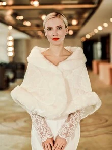 1pc White Fashionable Wedding Party Performance Warm Shawl For Brides Fall Clothes For Women - White - View 3
