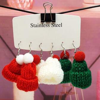 3 Pairs Of Women's Creative Valentine's Day Knitted Knitted 3D Cartoon Hat Shaped Earrings, Exaggerated Fashion Versatile Dangle Earrings,Mom,Mother,Mother's Day,Gift