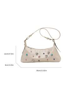 1片PU皮革帶彩色水鑽時髦簡約風新月包適用於女士們日常日期通勤