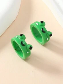 1套/2入組可愛的樹脂卡通青蛙戒指,適用於女孩 - 綠色 - 查看 1
