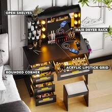 Lvifur LED Makeup Vanity Table with Charging Station,Vanity with AC Outlets & USB & Type-C Ports,4 Drawers,Hair Dryer Rack,Make Vanity Desk with 3 Color Light Bulbs Mirror via Touch Screen