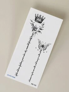 1入組黑色花卉蝴蝶皇冠文字圖案脊椎臂腕臨時刺青貼紙 - 黑色 - 查看 6