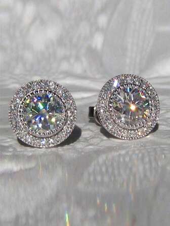 1pair Bridal Korean Style Earrings With Sparkling Round Stone & Full Drill Design, Elegant & Delicate Casual Halloween