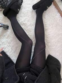 1pair Side Silver Thread Retro Jacquard Shiny Pantyhose - Black - View 3