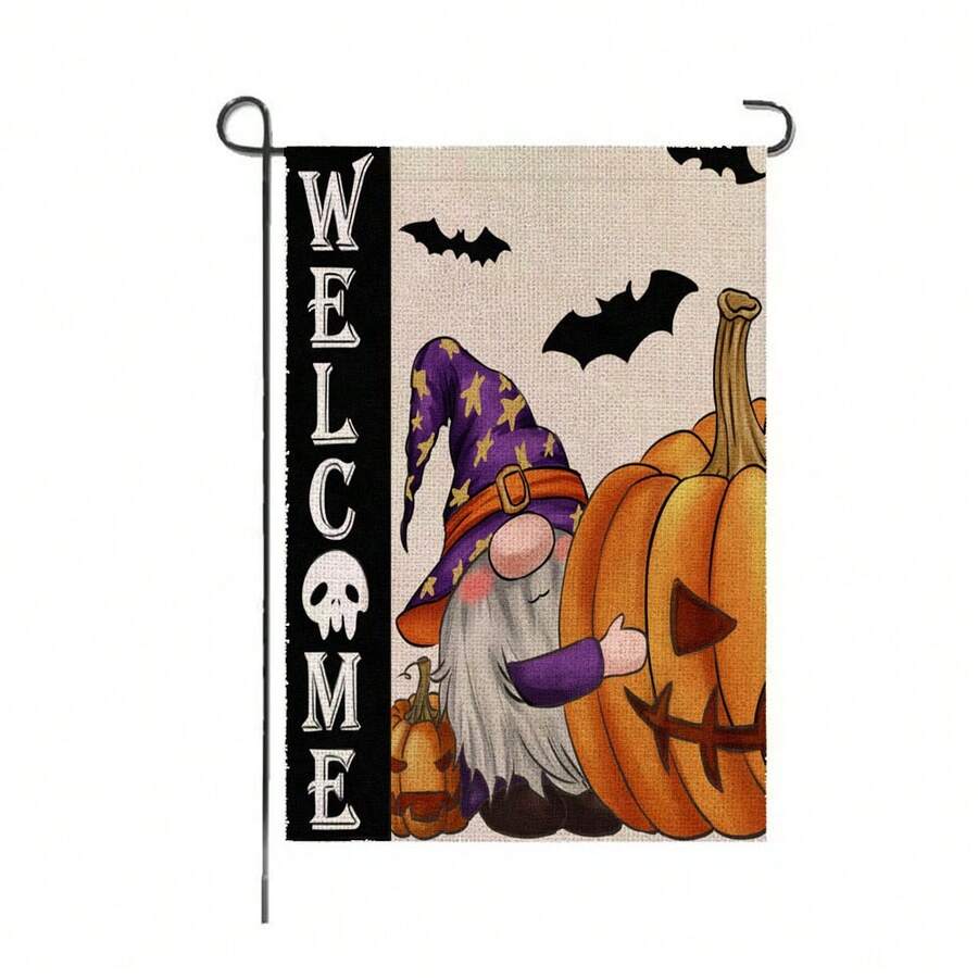 1入組快樂萬聖節矮人南瓜和蝙蝠印花歡迎花園旗幟,雙面戶外裝飾,不含桿子,12*18英寸