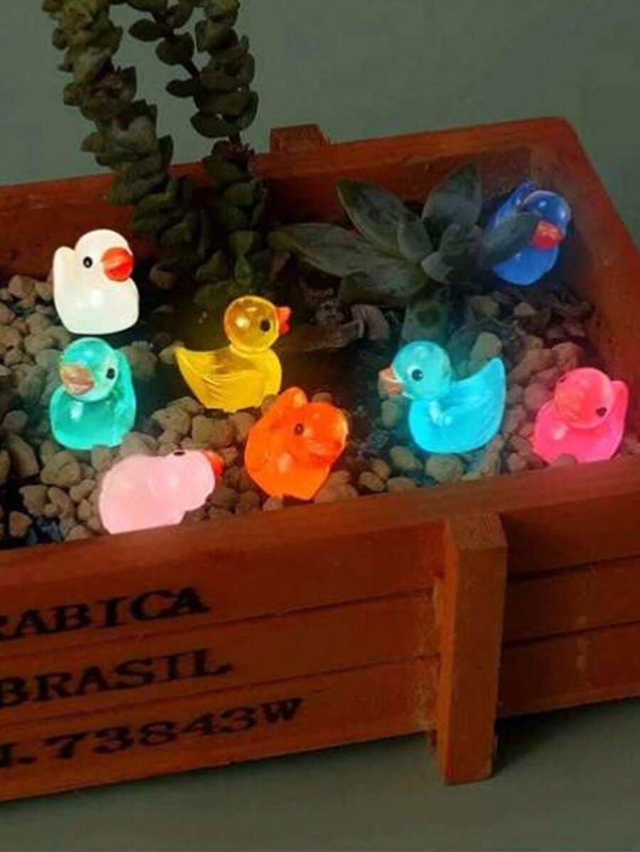 10 Piezas Miniaturas De Pato De Dibujos Animados Creativos De Colores Aleatorios Para Manualidades De Resina En Miniatura Con Función De Luz Nocturna - Multicolor - Ver 1