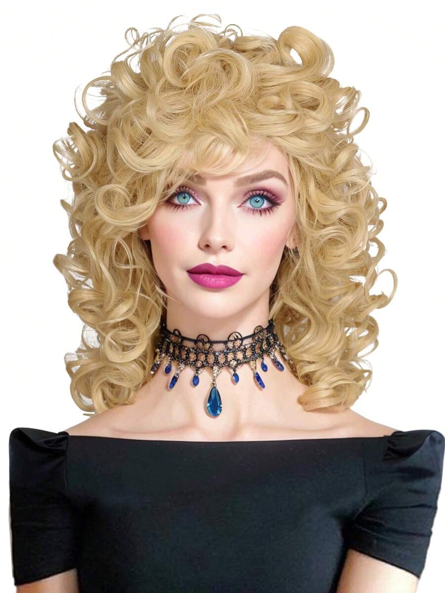 16 Inch Long Blond Curly Women's Heat Resistant Synthetic Hair Wig for Daily Party Use or Disco Hippie Rocking 70s 80s Theme Party and Halloween Rocker Heavy Metal 70's 1980s Costume Wigs - Gold - View 1