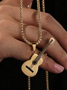 1pc Guitar & Bass Music Element Shiny Personalized European & American Punk Holiday Casual Street Fashion Party Dating Men's Copper Pendant Necklace - Guitar - View 1