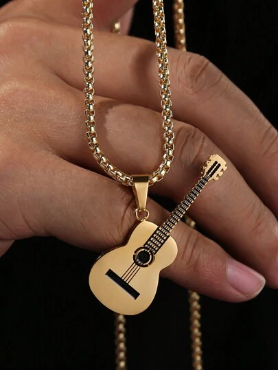 1 pieza Collar colgante de cobre con elemento musical de guitarra y bajo, personalizado, de estilo europeo y americano, punk, casual, de fiesta y para citas, para hombres