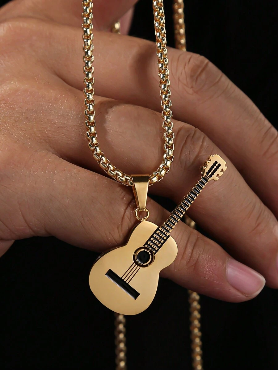 1pc Guitar & Bass Music Element Shiny Personalized European & American Punk Holiday Casual Street Fashion Party Dating Men's Copper Pendant Necklace - Guitar - View 1