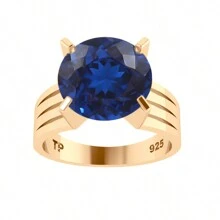 Anel Solitário Prata 925 Dourada 18k - Safira Grande - Azul Royal - Visão 4