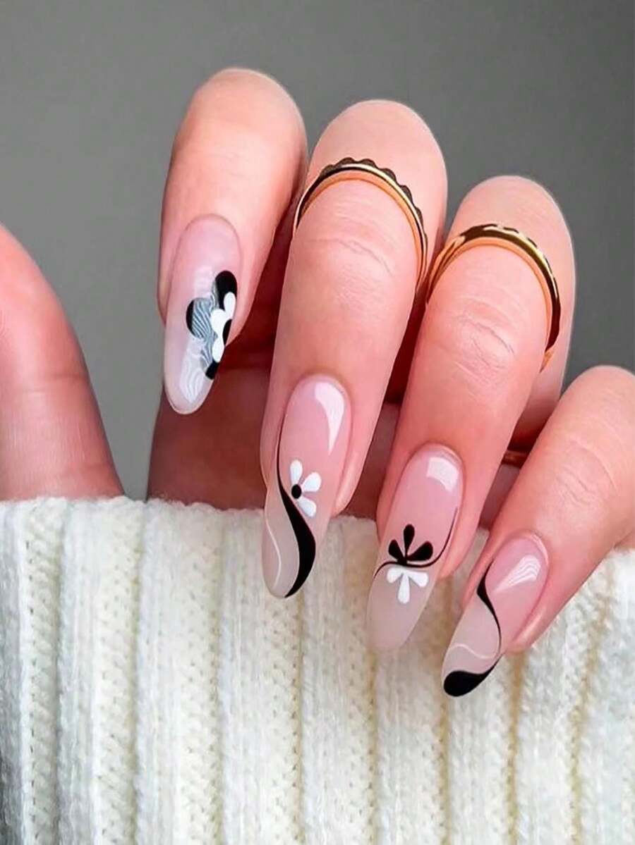 24 Piezas Pegatinas Para Uñas Negras Y Blancas Con Diseño Floral Simple Y Fácil De Usar, Uñas Postizas - Multicolor - Ver 1