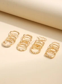 20pcs Geometric Wavy Design Rings With Pearl And Rhinestone Detail, Suitable For Women For Daily Wear - Yellow Gold - View 4