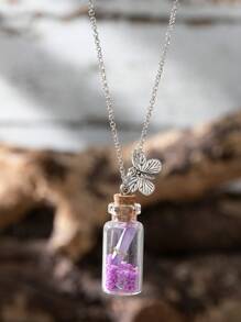 1入組復古風格訊息瓶和發光蝴蝶吊墜項鍊 - 彩色 - 查看 1