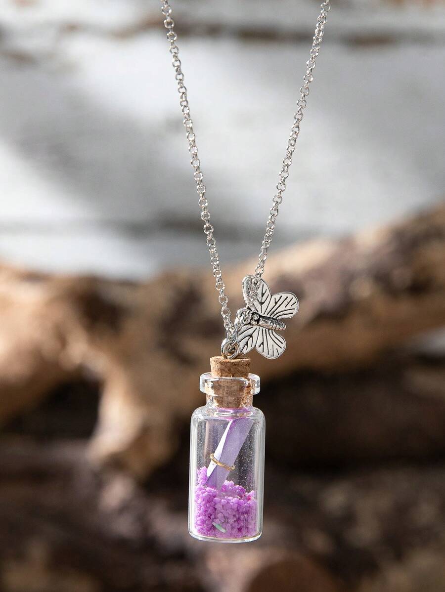 1入組復古風格訊息瓶和發光蝴蝶吊墜項鍊 - 彩色 - 查看 1
