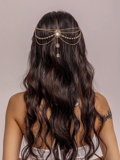 一件法庭時尚波西米亞風格的金鏈閃亮鑲嵌水晶吊墜髮飾