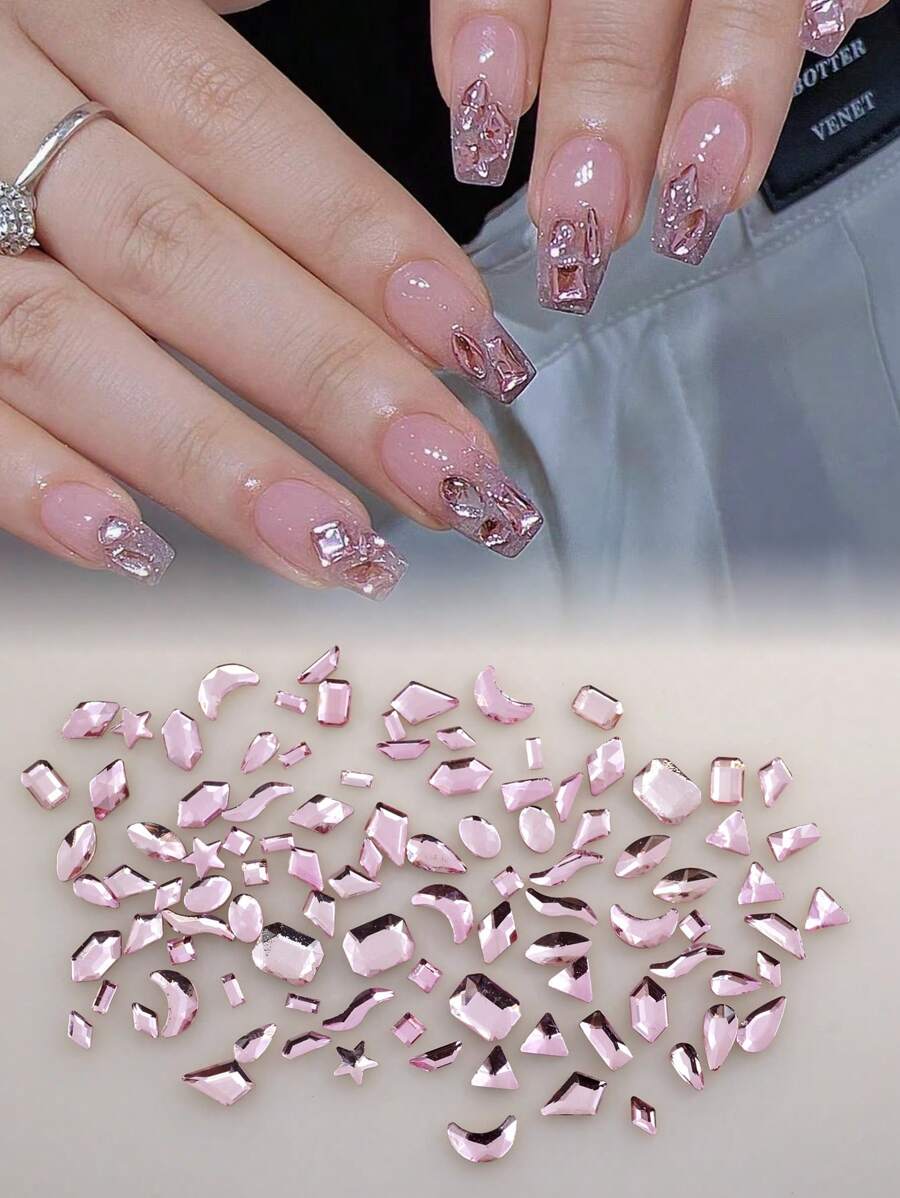 100 颗浅粉色平底树脂水钻，各种几何形状，如星形、月亮形、椭圆形、水滴形和 S 形，美甲配件，适合法式风格、节日、婚礼、少女 DIY 指甲饰品指甲宝石美甲用品指甲 - 粉色 - 查看 1