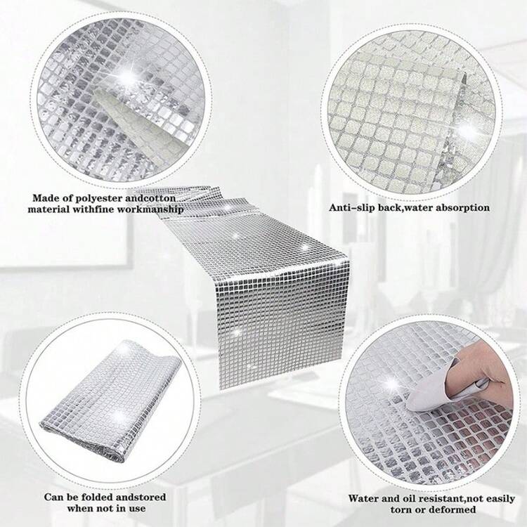 Wedding/Party Mirrored Glitter Plaid Table Runner - Silver - View 5