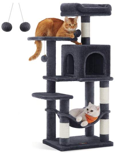 Feandrea Kratzbaum, 112 cm hoch, Katzenbaum, mehrstöckige Katzenhaus, mit 4 Kratzsäulen, 2 Plattformen, Hängematte, Höhle