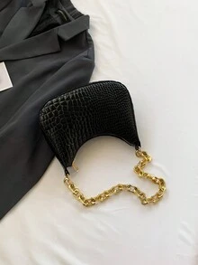 Solid Color Crocodile Pattern Minimalist Women's Shoulder Bag - Black - View 2
