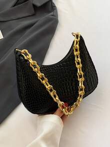Solid Color Crocodile Pattern Minimalist Women's Shoulder Bag - Black - View 1