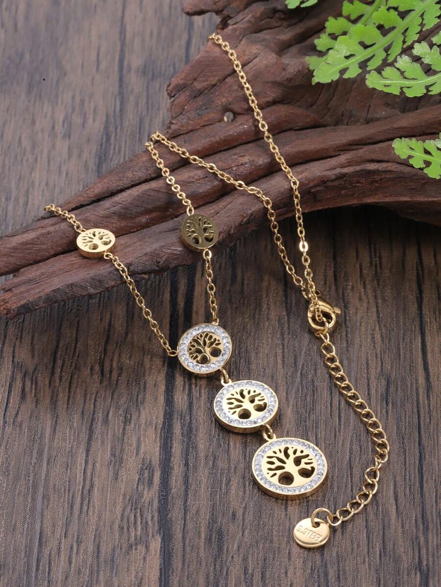 1pc Popular Elegant Tree Shaped Pendant Necklace With , Golden Stainless Steel Personalized Jewelry Gift For Women, Party Streetwear