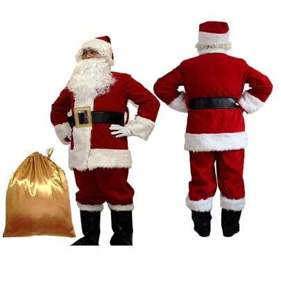 10pcs Per Set Deluxe Adult Costume, Cosplay Men Santa Claus Costume Santa Outfits Jacket, Pants, Hat, Beard, Belt, Shoes Covers, Golden Santa Sack, Wig, Gloves And Glasses Santa Suits For Party. Best Gifts Birthday Home Decor Christmas Decorations Room Decor Christmas Winter Christmas Decorations Home Christmas Gifts Christmas Decor