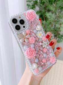 1 pieza Funda de teléfono de PC con patrón de flor de rosa de perla de rhinestone hecho a mano de alta gama compatible con iPhone 16 y Galaxy S24 Ultra 5G - Rosa - Ver 4