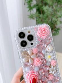 1 pieza Funda de teléfono de PC con patrón de flor de rosa de perla de rhinestone hecho a mano de alta gama compatible con iPhone 16 y Galaxy S24 Ultra 5G - Rosa - Ver 6