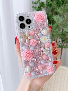 1 pieza Funda de teléfono de PC con patrón de flor de rosa de perla de rhinestone hecho a mano de alta gama compatible con iPhone 16 y Galaxy S24 Ultra 5G - Rosa - Ver 1