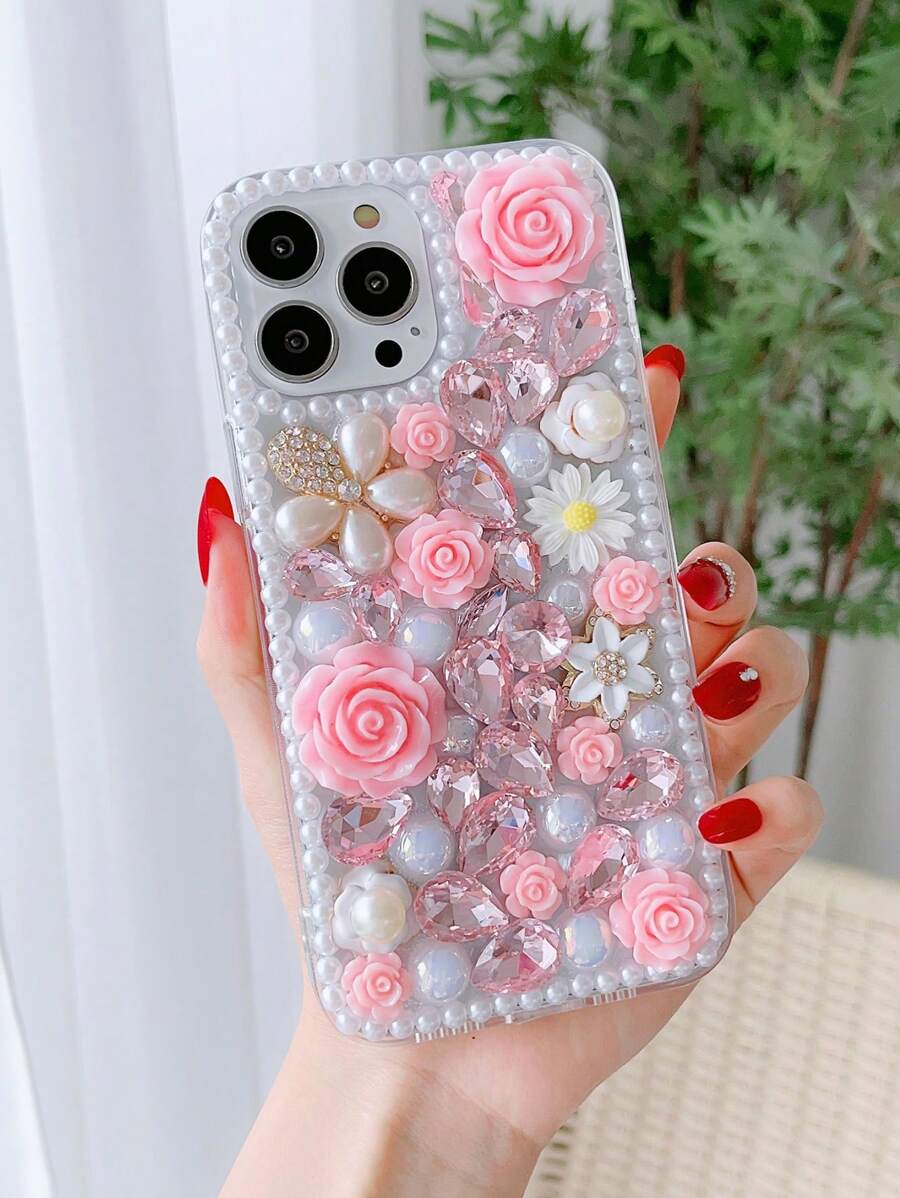 1 pieza Funda de teléfono de PC con patrón de flor de rosa de perla de rhinestone hecho a mano de alta gama compatible con iPhone 16 y Galaxy S24 Ultra 5G - Rosa - Ver 1