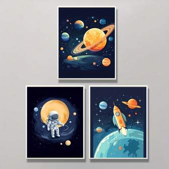 3 Piezas Juego De Impresiones De Arte De Pared Imprimible Para Tema De Espacio Para La Habitación De Niños, Impresiones De Astronauta, Planeta, Sistema Solar Y Cohete Para La Decoración De La Sala De Juegos Infantiles, 10x8 Pulgadas(sin Marco)