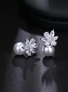 一对时尚叶形仿珍珠水钻耳钉，适合新娘或女士佩戴，优雅简约。情人节配饰。 - 銀色 - 查看 2