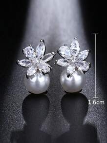 一对时尚叶形仿珍珠水钻耳钉，适合新娘或女士佩戴，优雅简约。情人节配饰。 - 銀色 - 查看 5