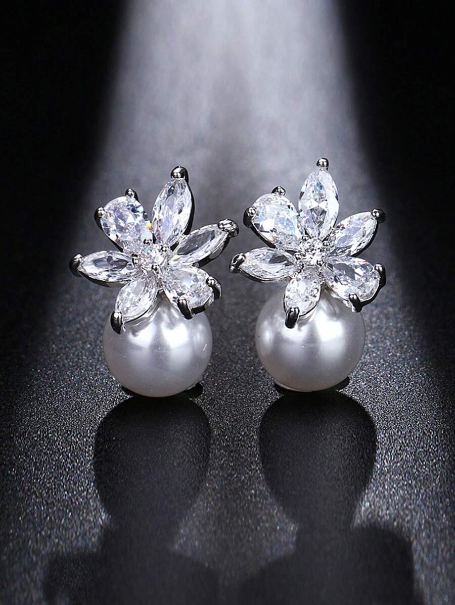 一对时尚叶形仿珍珠水钻耳钉，适合新娘或女士佩戴，优雅简约。情人节配饰。 - 銀色 - 查看 1
