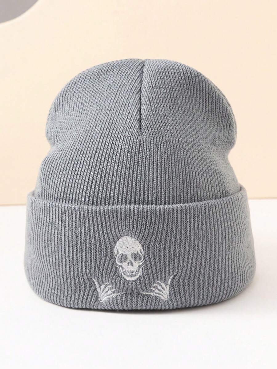 1pc Men's Embroidered Skull Beanie Street Skeleton - Grey - View 1