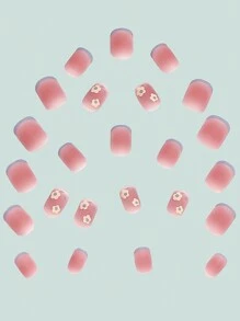 彩繪指甲吸睛!24入組短型圓形全貼式粉藍磨砂法式美甲貼,可愛花卉圖案,適合女性和女孩 - 彩色 - 查看 3