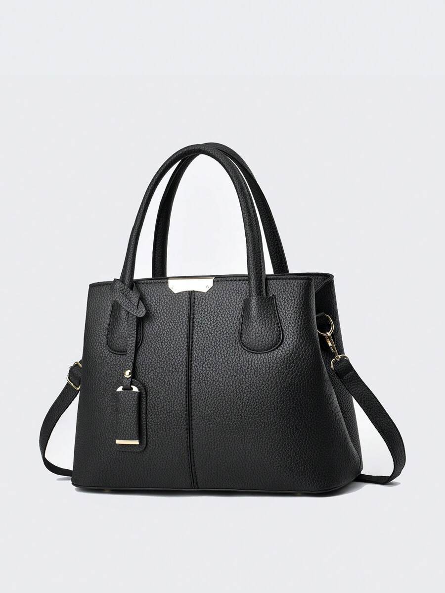 純色女士手提袋,雙手提肩袋,時尚斜挎包,帶吊飾,經典手袋,是母親節送給媽媽的完美禮物 - 黑色 - 查看 1