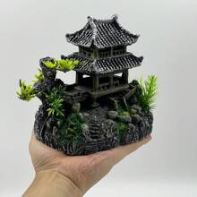1pc Resin-made Aquarium Decoration Cloud And Crane Tower - Faux Mountain Resin House Building Landscape Ornament For Fish Tank