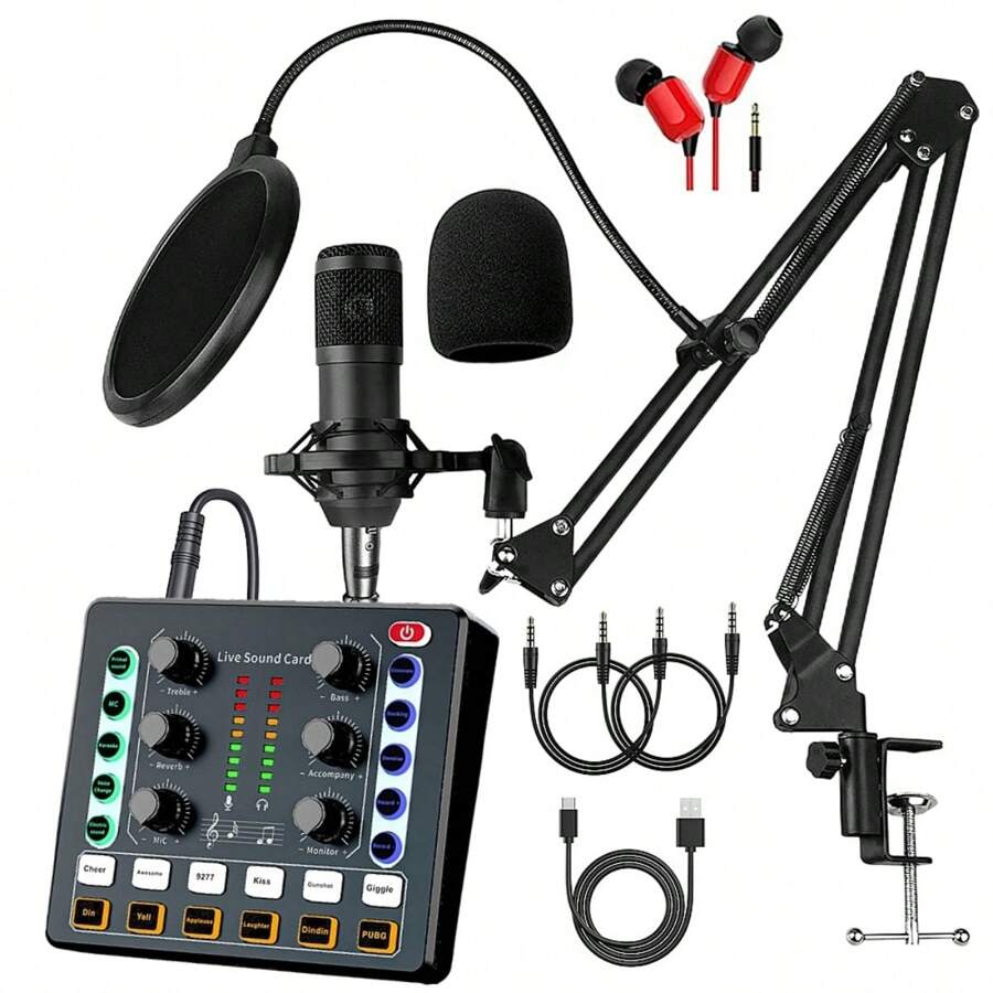 Podcasting Equipment Set - Black Bm-800 Microphone Package With Voice Converter, Capacitive Recording Studio Microphone With Live Sound Card-audio Interface For Laptop - Black - View 1