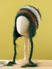 1個男士條紋彩色毛絨耳暖頭帶,帶風防紐帽編織帽,適合秋冬日常穿著