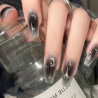 24 片方形全覆盖神秘黑色闪光指甲贴，包含果冻凝胶指甲锉，适合派对、约会、日常穿着，暗星设计，适合女士和女孩按压式指甲，美甲用品