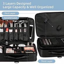 1 件旅行化妆旅行箱专业化妆箱大容量化妆盒化妆刷收纳盒便携式艺术家收纳包带可调节隔板和肩带黑色