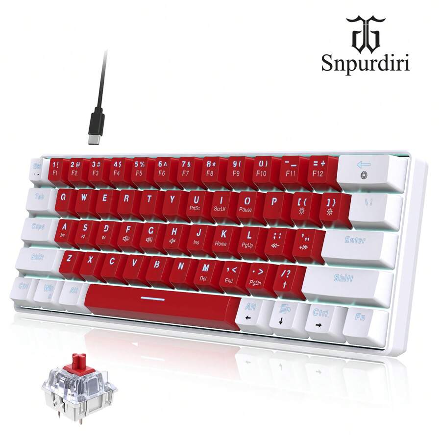 Snpurdiri Snpurdiri Wired 60 Mechanical Gaming Keyboard, White LED Backlit Small