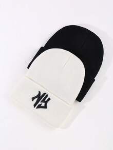 2豆豆帽適合女士針織冬天帽子暖軟有彈性日常刺繡帽子適用於寒冷天氣 - 黑與白 - 查看 2