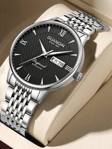 觀琴黑色不銹鋼男士機械機芯礦物玻璃日曆夜光指針防水適合日常佩戴gj16247