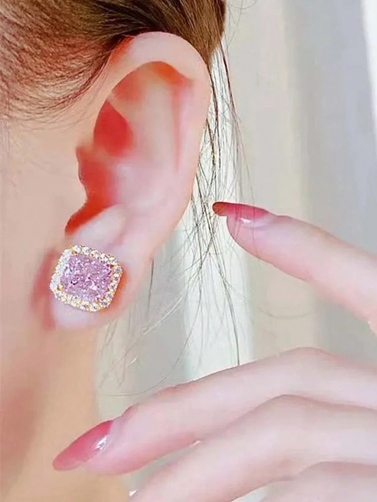 1 Pair Elegant Pink Cubic Zirconia Stud Earrings, Suitable For Women, Suitable For Weddings, Engagements, Anniversaries, Parties, Valentine's Day And Other Occasions